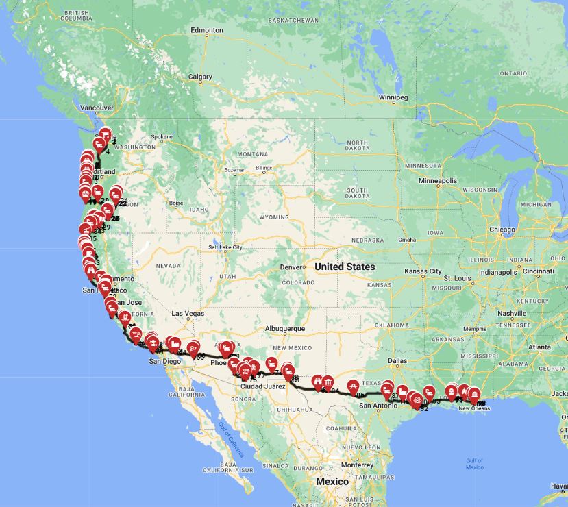 Map for Seattle to New Orleans - From the Pacific to the Bayou